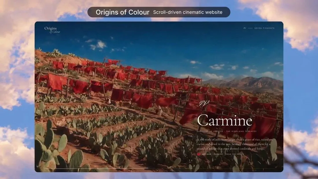 Origins of Colour, a scroll-driven cinematic website; the Carmine chapter shows red cloth drying over cactus terraces