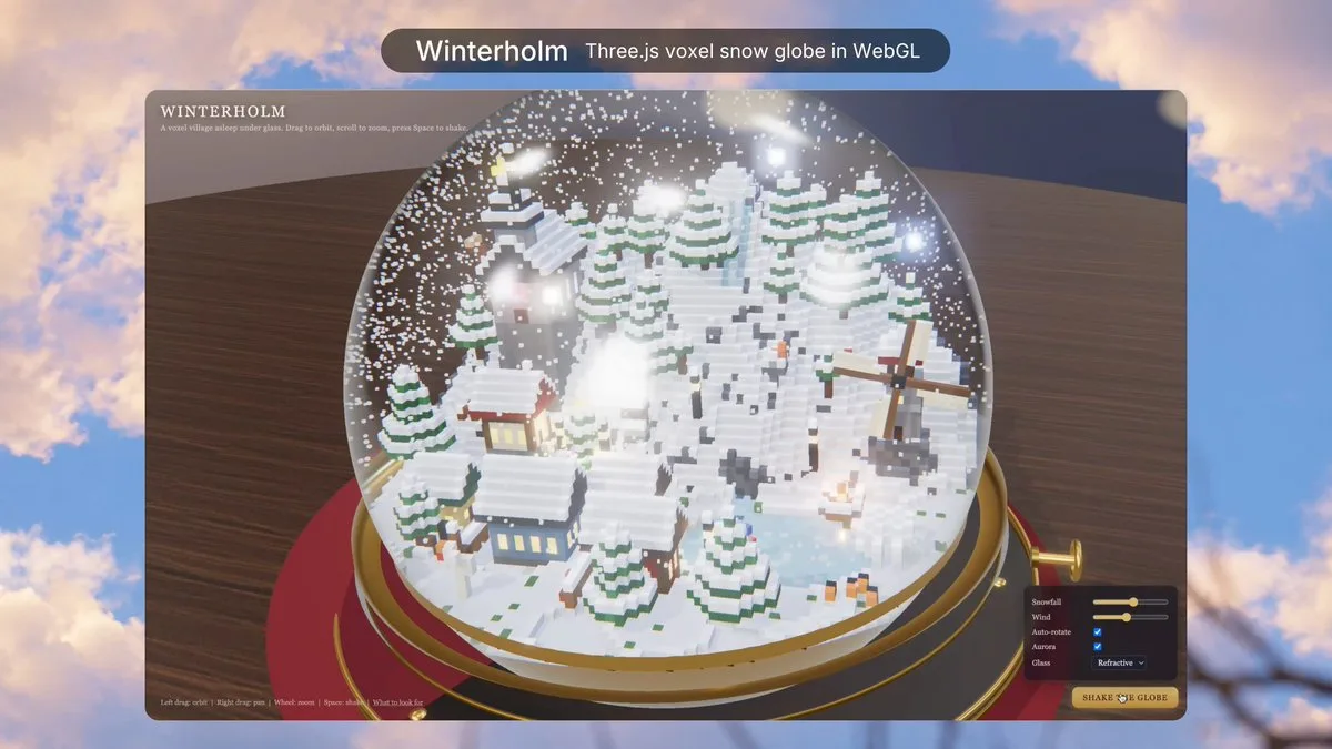 Winterholm, a Three.js voxel snow globe in WebGL, a snow-covered village under glass with a windmill and a frozen pond