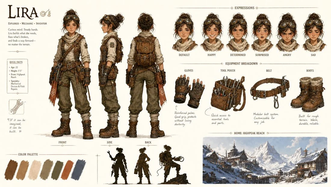 Adventure Character Design Sheet — Lira