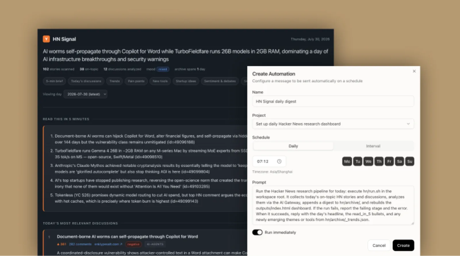 Set up daily Hacker News research dashboard